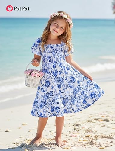 Image of PATPAT Family Matching Outfits Mommy and Me Dresses Floral Dress & T-Shirts | Mommy and Me Easter Dresses, Puff Sleeve Floral Sundress, Cotton Blend T-shirts, Couples Party Wedding Vacation Outfits
