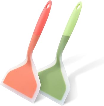 2Pcs Silica gel Wok Spatula,Wide Pancakes Spatula, Nonstick Heat-Resistant Pancake Shovel with Short Handle for Cooking, Baking and Stir-Fry Orange & Green,Style 2