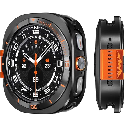 Suphart 2 in 1 Kompatibel mit Samsung Galaxy Watch Ultra Hülle 2025/2024 Robust Metallrahmen Anti-Kratzer Schutzhülle mit Rückrahmen für Galaxy Watch Ultra 47mm (Schwarz/Orange)