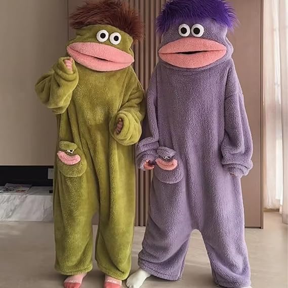 Grünes Monster Onesie für Erwachsene, lustiger Hoodie aus Fleece, kuscheliger Schlafanzug mit Kapuze & Taschen, Unisex Overall für Zuhause, Halloween & Karneval