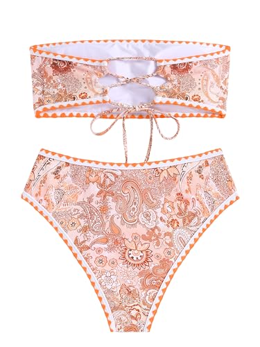 Image of ZAFUL Women Strapless Textured Bandeau Bikini 2 Piece Swimwear Cheeky Solid Lace up Bathing Suits