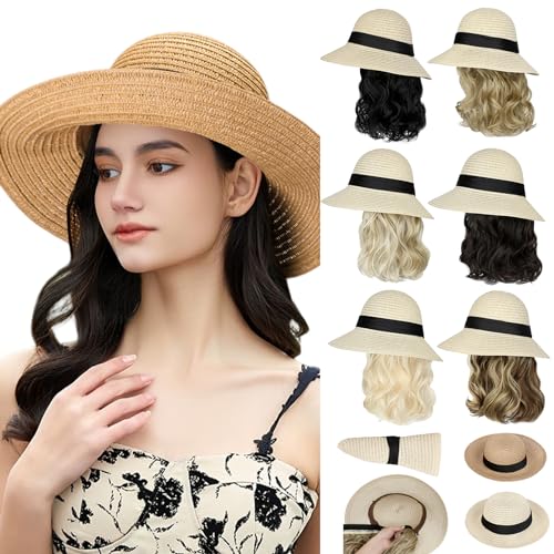 Sombrero de sol con extensiones de cabello sintético desmontable miniatura 1