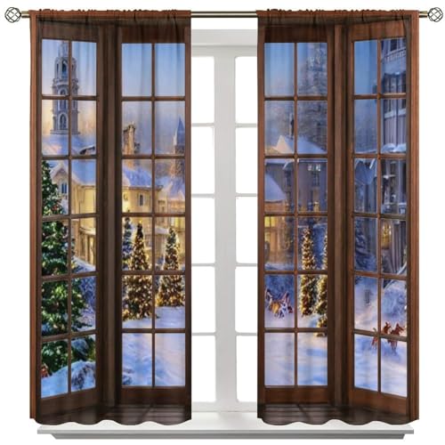 SHElifestyle Christmas Curtains for Bedroom Snowy Streets Christmas Vibes Window Treatments Merry Xmas Holiday New Year Festival Window Drapes for Living Room Kitchen W63xL63