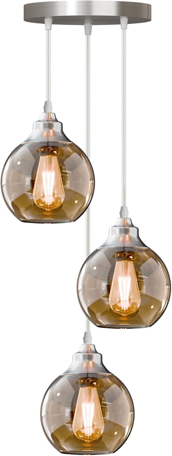 LEDSone Vintage 3 Head Pendant Light Glass Height Adjustable E27 Base Retro Industrial Globe Glass Ball Light Shade Ceiling Light Fitting Coffee Shop Bar Kitchen (Satin Nickel, with Bulb)