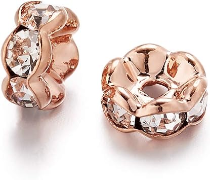 KISSITTY 200Pcs Grade AAA Crystal Clear Rhinestone Spacers 6x3mm Rose Gold Metal Color Wavy Edge Rondelle Beads for DIY Jewelry Making