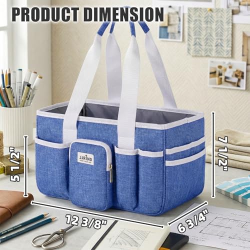 Image of JJRING Craft Organizer Tote Bag, Portable Art Caddy With Adjustable Divider&Secure Zipper Pocket, Foldable Storage Tote For Scrapbooking, Sewing, Artist And Home(Blue) | Secure Zipper Pocket