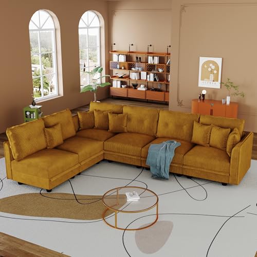 Image of LLappuil Corduroy Modular Sofa Set, 6-Seater Reversible L-Shaped Sectional Couch with Storage, Soft Fabric for Cozy Living Room, Apartment, Included Back Cushions & Throw Pillows, Yellow