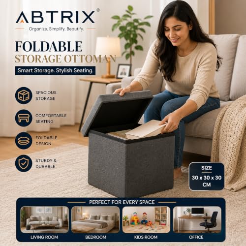 Image of ABTRIX WITH AB Comfy Cube Ottoman Stool, Stylish Multipurpose Footrest & Seating Pouffe for Living Room & Bedroom, 22L Capacity, Padded (30X30X30 cm, Grey)