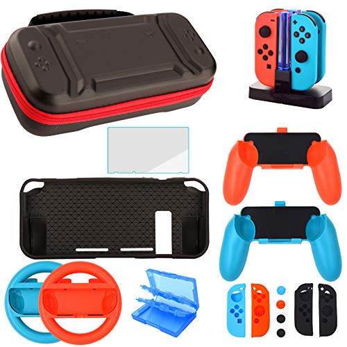 Accessories Kit for Nintendo Switch Games Bundle Wheel Grip Caps Carrying Case Screen Protector Controller (17 In 1)