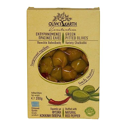 Olive's Earth Aceitunas Verdes Sin Hueso Rellenas de Pimiento rojo Variedad Calcídica, Paquete de 4 x 200 g (Total: 800 g)