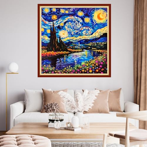 Image of Funchey Stamped Cross Stitch Kits, DIY Cross Stitch Pattern for Adults Beginners Needlepoint Kits Embroidery Kit Arts and Crafts 11CT&Van Gogh Starry Sky Flower 18x18 inchs