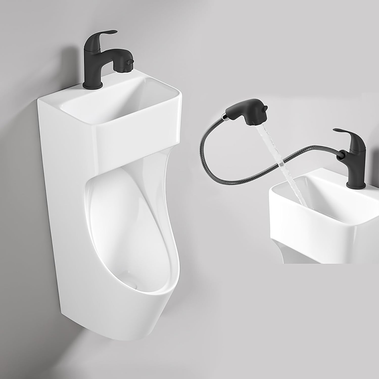 Universal Washout Top Spud Urinal, Urinal Wall Mount, with Wash Basin and Faucet, Commercial Washout Urinal for Men, Ceramic Urinals, High Efficiency Urinal(Black)