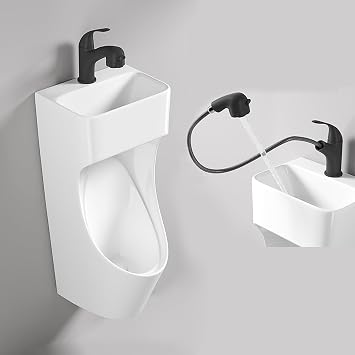 Universal Washout Top Spud Urinal, Urinal Wall Mount, with Wash Basin and Faucet, Commercial Washout Urinal for Men, Ceramic Urinals, High Efficiency UrinalBlack