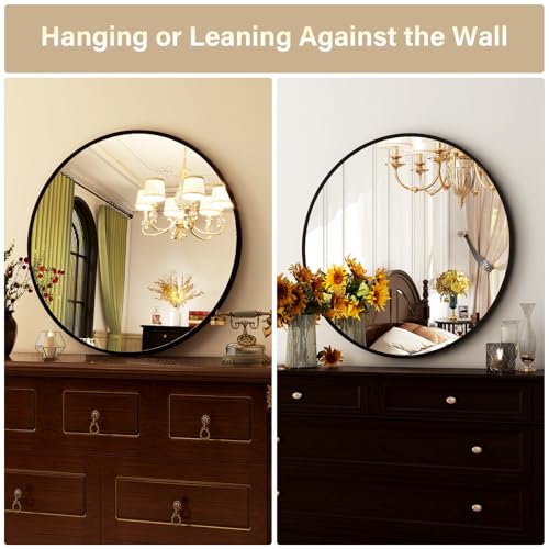 Image of HARRITPURE Round Mirror 20 Black Wall Mounted Circle Mirrors Vanity Mirror with Brushed Aluminum Alloy Frame Modern Decoration for Bathroom, Living Room, Vanity, Bedroom, Entryway