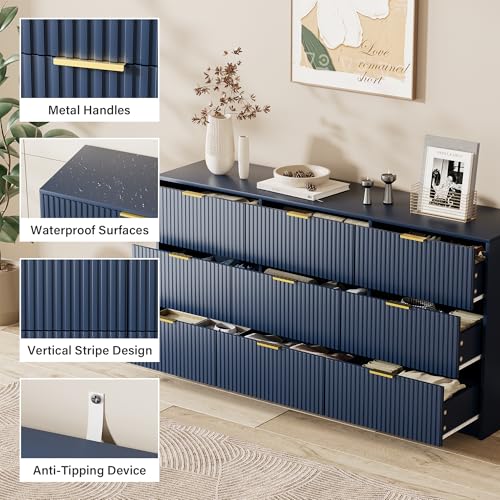 Image of Furniway Blue Dresser for Bedroom, Modern Dresser with 9 Drawers and Smooth Slides, Wide Chest of Drawers with Golden Handles for Bedroom, Living Room, Closet, 15.7 inch D x 63 inch W x 31.5 inch H