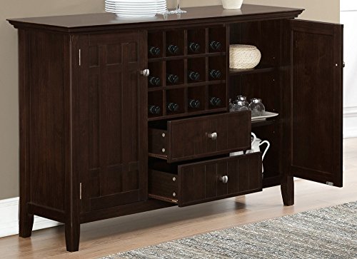 Simplihome Bedford Solid Pine Wood 54 Inch Rustic Sideboard Buffet Credenza In Dark Tobacco Brown Features 2 Doors, 2 Drawers And 2 Cabinets With 12 Bottle Wine Storage Rack #TOP1