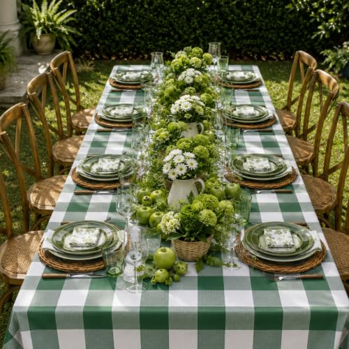 Image of Blue Orchards Green Gingham Table Cover (Pack of 3 with 20 glue dot) - 54 inchx108 inch XL - Green and White Checkered Picnic Plaid Cloth, Plastic Rectangle Decoration for BBQ, Outdoor Birthday Party Supplies