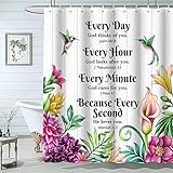 Coveimes Believe in God Bathroom Shower Curtain, Inspirational Bible Verse Motivational Quotes Scriptures Farmhouse Floral Birds Bathroom Home Decor Set Waterproof Polyester Fabric with Hooks,