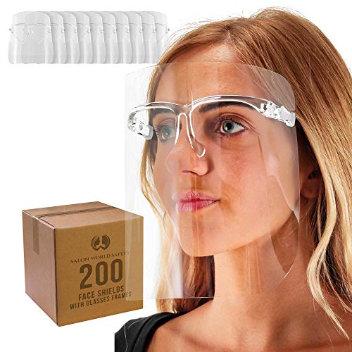 TCP Global Salon World Safety Face Shields with All Clear Glasses Frames (Case of 200) - Ultra Clear Protective Full Face Shields to Protect Eyes, Nose, Mouth - Anti-Fog PET Plastic, Goggles