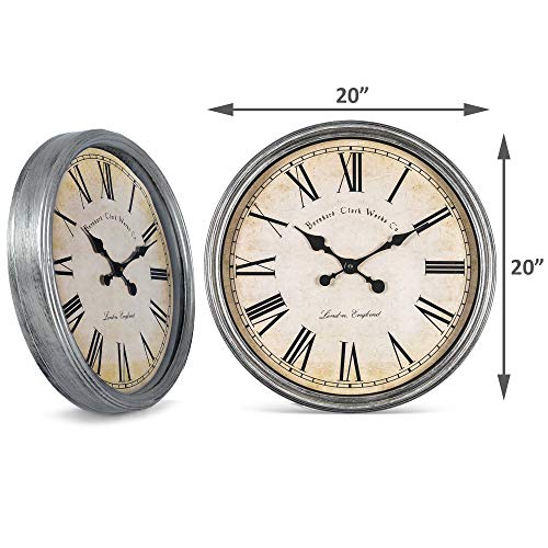 Bernhard Products Large Decorative Wall Clock 20 Inch Silent Non Ticking Battery Operated Quartz Vintage Stylish With Rustic Silver Rim For Home Living Room Dining Room Kitchen & Over Fireplace #TOP4