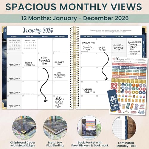 bloom daily planners 2026 Hardcover Calendar Year Goal & Vision Planner (January to December) - Monthly & Weekly Agenda Organizer - 7.5\" x 9\" - Midnight Sky