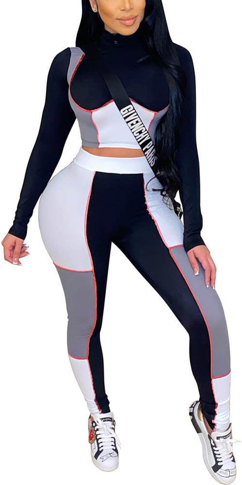Women Two Piece Casual Sweatsuit- Bodycon Patchwork Color Block Crop Top Pant Yoga Set Jogger Tracksuit