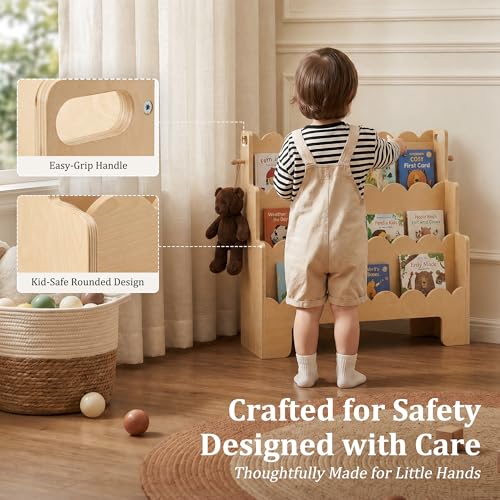 Image of Scalloped Kids Bookshelf, 3-Tier Wooden Bookshelf for Kids' Room, Toddler Book Organizer and Montessori-Style Bookcase Display Shelf for Nursery, Bedroom, Playroom and Reading Corner