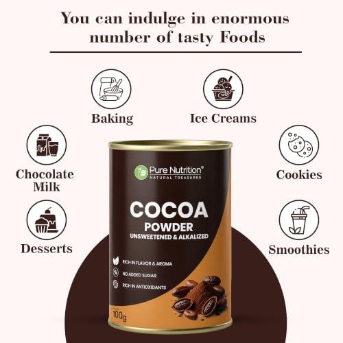 Image of Pure Nutrition Cocoa Powder Without Sugar | Cacao Powder Unsweetend | Coco Powders | Cocoa Powder for Cake, Beverages & Desserts |100% Plant Based & Alkalized | Rich Flavor & Aroma | No Added Sugar - 100g