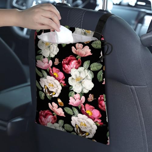 Image of Car Trash Bag Hanging Back of Seat Waterproof Small Cute Printed One-handed Strap Drawstring Garbage Bags for Car-Black Floral