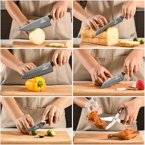 Image of NANFANG BROTHERS 7-Piece Damascus Knife Set with VG10 Core Blades, 67-Layer Damascus Steel, Black Titanium Coated Kitchen Knives for Polished Ebony Wood Handle, Ultra Sharp Chef Knife Set