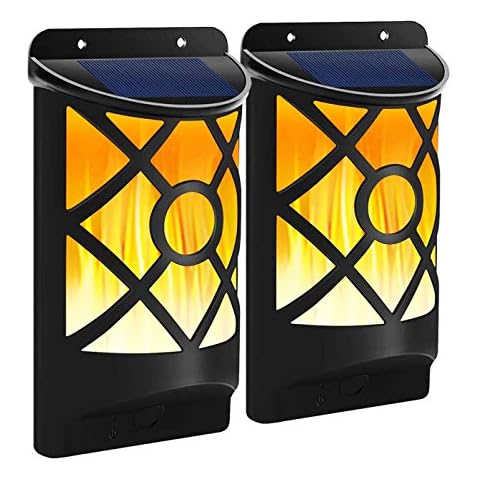 Fitybow Solar Flame Lights Outdoor, Waterproof Flickering Flame Solar Lights Dark Sensor Auto On/Off 66 LED Solar Powered Wall Mounted Night Lights Lattice Design for Patio Deck Driveway (2Packs) Cover
