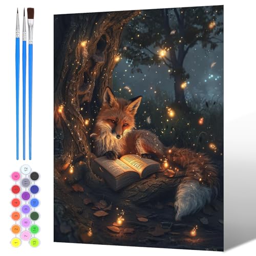 NAIMOER Fuchs in der Nacht Malen Nach Zahlen Erwachsene, Malen Nach Zahlen Landschaft für Kinder mit Pinseln Acrylpigment für Anfänger Jungen Mädchen Geschenk Wohndekoration 30x40cm