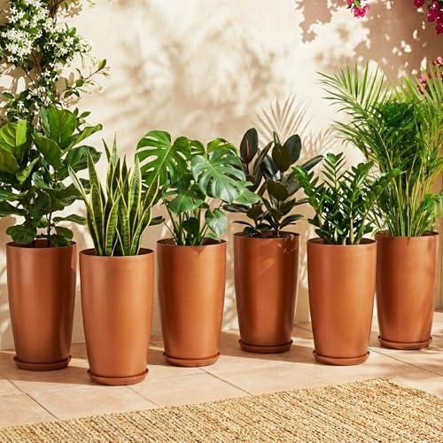 Image of Heart Home 6 Pcs Big Planters /Vase with Saucer for Home Decor | 18 Inch Large Outdoor & Indoor Flower Pot /Drainage Hole /Lightweight /Plant Container | Copper