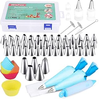 85 pcs Cake Decorating Supplies Kits,WisFox Icing Piping Nozzles Tips,Include 50 Piping Nozzles, 22 Piping Bags, 5 Cupcake Mold, 4 Mouth Adapters, 2 Flower Nails, 1 Silk Flower Pen, 1 Brush