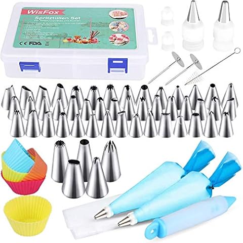 WisFox 85 Stück Spritztüllen, Dekorations-Zubehör-Set enthält 50 Tüllen, 22 Spritzbeutel, 5 Cupcake-Formen, 6 Mundadapter, 2 Blumennägel, Silikon, Silber/Mehrfarbig, normal Cover