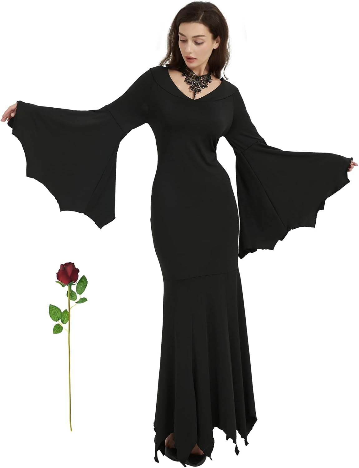 Ulikey Disfraz de Halloween para Mujer Morticia Addams, Vestido Gótico Vintage Negro, Disfraz de Bruja Sexy, Disfraz de Addams Family Wednesday, Vestido de Suelo para Halloween Cosplay Fiesta