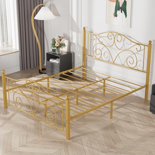Vecelo BED FRAME FULL SIZE Size Bed Frame With Headboard And Footboard, Heavy Duty Metal Slat Support, Platform Mattress Foundation, No Box Spring Needed, Easy Assembly, Gold thumb #7