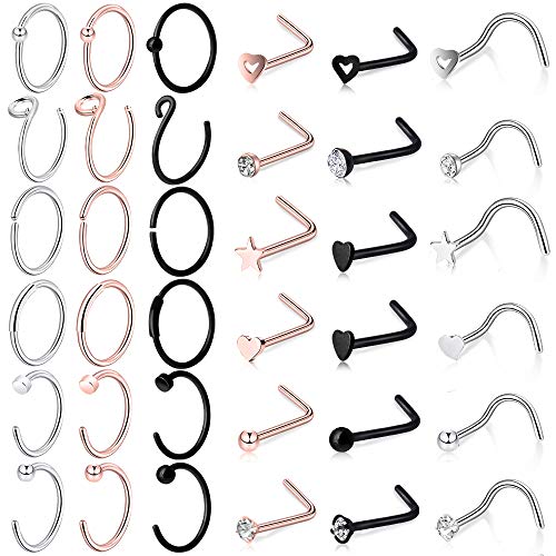 ONESING 36 Pcs 20G Nose Rings for Women Nose Hoop Rings Nose Piercing