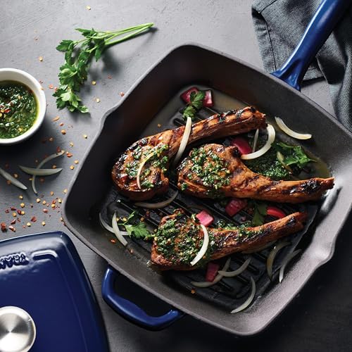 Image of Tramontina Bestow Enameled Cast Iron 11-Inch Grill Pan with Press, Blue