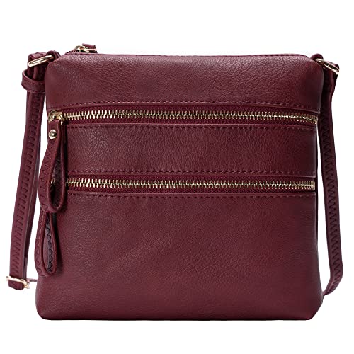 Bolsa tiracolo funcional com vários bolsos e zíper duplo com alça ajustável da Solene, Burgundy, One Size