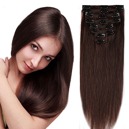 100% Real Remy Clip in Hair Extensions 16-22inch Grade AAAAA Natural Hair Full Head Standard Weft 8 Pieces 18 Clips Long Smooth Soft Silky Straight for Women Fashion (16" /16 inch 65g,#2 dark brown)