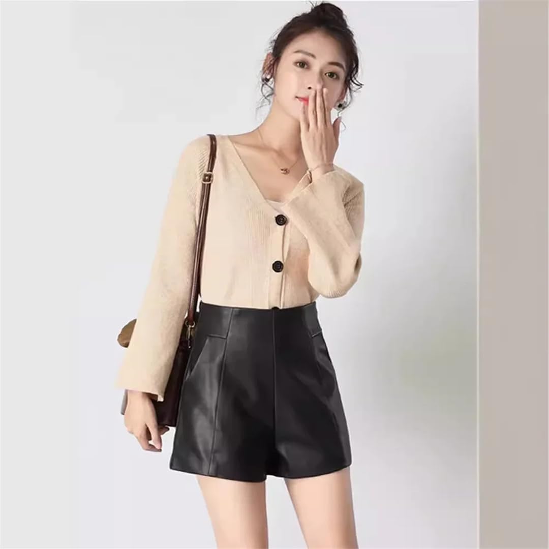 Women High-Waisted Slimming Black Leather Shorts Loose-Fit Straight-Leg A- Line Wide-Leg Pants