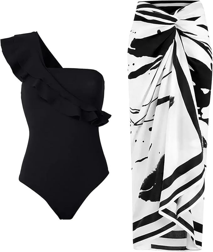 Image of AARAM Stylish Premium Women's One Piece Swimsuit with Cover Ups Wrap Skirt Sarong Retro Floral Print Monokini Tummy Control Swimwear, Printed Swimming Costume for Women Beach Wear