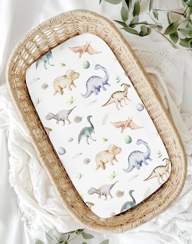 Image of Bassinet Sheets for Baby Girls Boys 2 Pack, Fitted Baby Mattress Sheet for Rectangle, Oval, Hourglass Bassinet Mattress, Breathable Cozy & Universal Fit (Dino Pals, Bassinet Sheet)