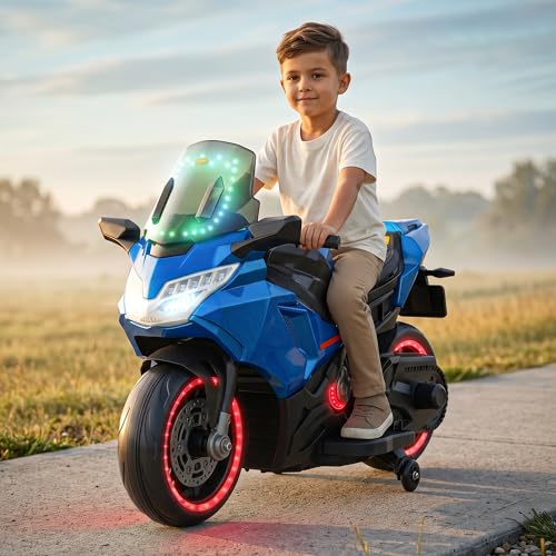 Image of Baybee BoltX Electric Bike for Kids 3+ Years | Baby Rechargeable Battery Bike with Training Wheels, Hand Accelerator, Foot Brake, Led Lights & Music | Battery Operated Bike for Kids to Drive (Blue)