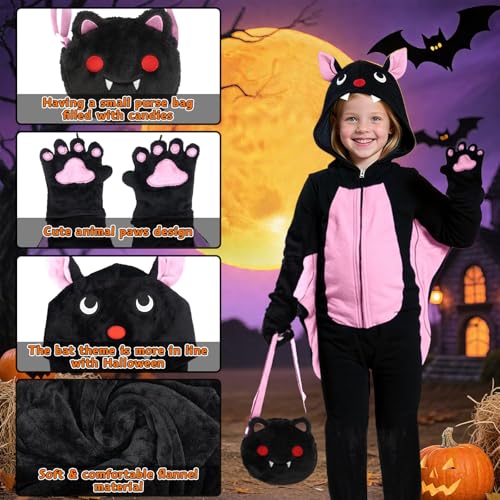 Image of Halloween Bat Costume for Girls, Kids Onesie Costume with Bat Wings, Ears, Paws, Candy Bag, Cute Animal Costume, Dress-Up, Birthday or Any Occasion (5-6Years)