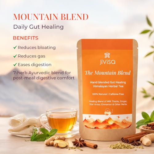 Image of JiViSa The Mountain Blend Gut Healing Herbal Tea Digestive Wellness with Milk Thistle, Ginger, Star Anise, Cinnamon, Fennel Seeds, Peppermint and Liquorice (Pouch (10g))