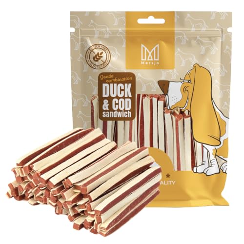 MERSJO Hundeleckerli - 87% Hoher Fleischanteil, Keine Zusatzstoffe, Getreide- und Zuckerfrei, Leckereien für Hunde zur täglichen Ergänzung, Natürliche Kauhilfe, Weiche Entenstreifen Sandwich, 500g