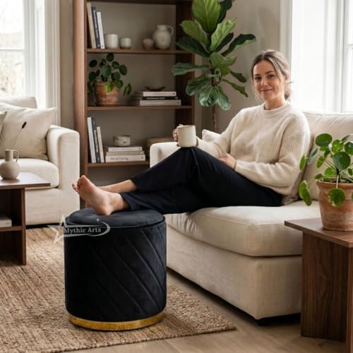Image of Ottoman Stool, Puffy Stool, Sitting Stool, Modern Upholstered Round Ottoman, Dressing Table for Living-Black