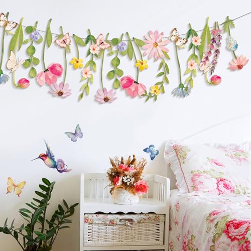 Image of Wildflower Party Decorations Butterfly Flower Banner Flower Leaves Banner Butterfly Garland for Wall Garden Spring Baby Shower Wedding Backdrop Decor